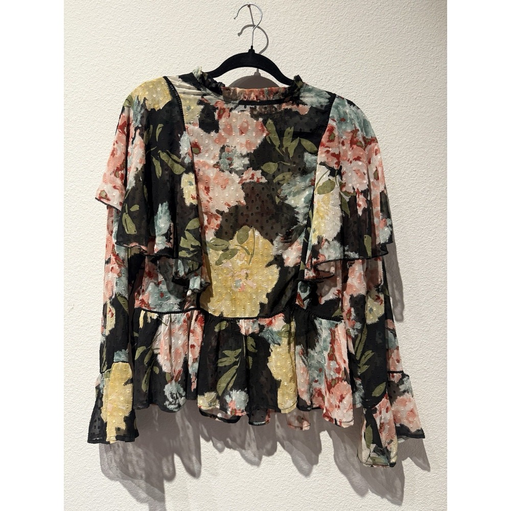 Gimmicks Women Boho Ruffle Hem Floral Sheer Top Sz L Fairy Gypsy Hippie